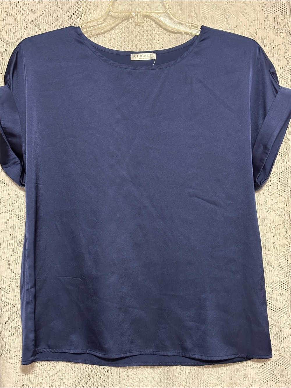 Chicane Navy Satin-Effect Short Sleeve Tee size L